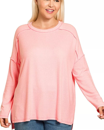 Zenana Full Size Melange Hacci Exposed Seam Hi-low Tee Plus Size DK PINK