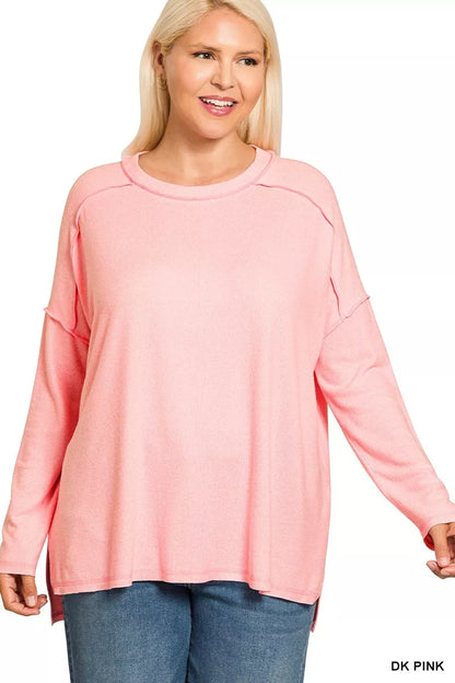 Zenana Full Size Melange Hacci Exposed Seam Hi-low Tee Plus Size DK PINK