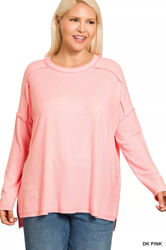 Zenana Full Size Melange Hacci Exposed Seam Hi-low Tee Plus Size DK PINK