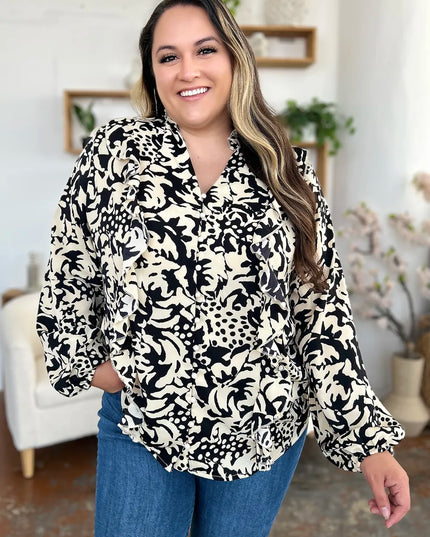 Double Take Full Size Printed Ruffle Trim Balloon Sleeve Shirt
