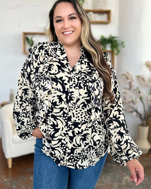 Double Take Full Size Printed Ruffle Trim Balloon Sleeve Shirt