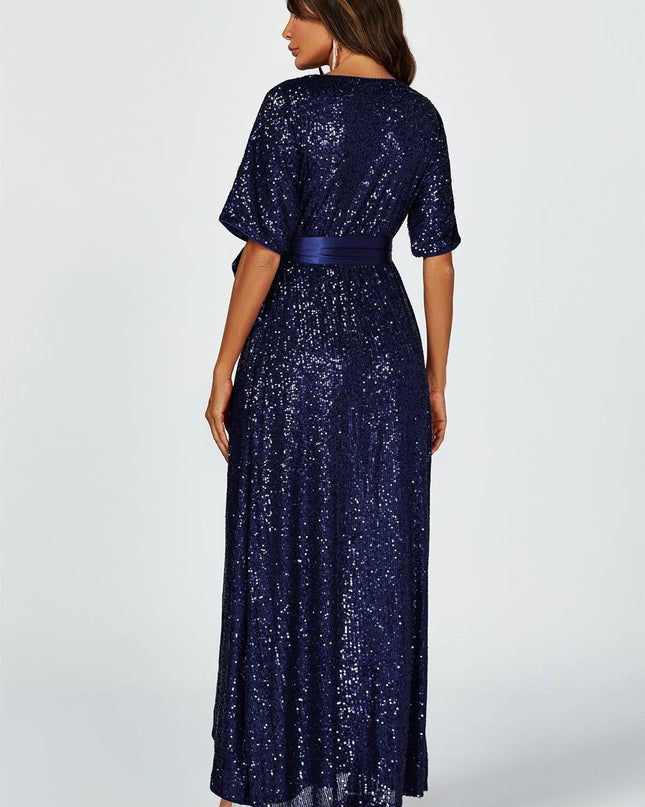 Wrap Style Sequin Maxi Dress in Navy