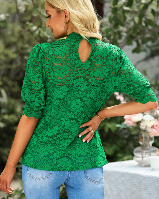 Lace Scalloped Short Puff Sleeve Top