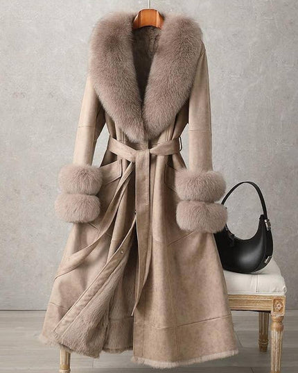 CT074Y Elegant Mid-Length Faux Fur Coat with Fox Fur Collar Khaki