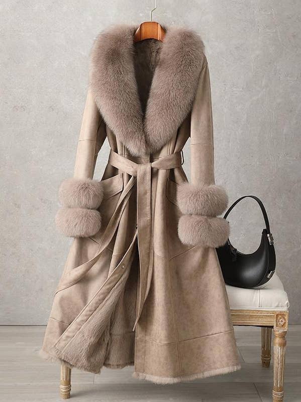CT074Y Elegant Mid-Length Faux Fur Coat with Fox Fur Collar Khaki