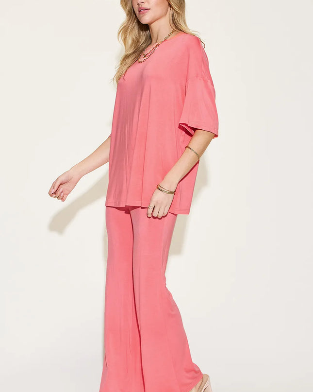 Basic Bae Full Size Bamboo Drop Shoulder T-Shirt and Flare Pants Set