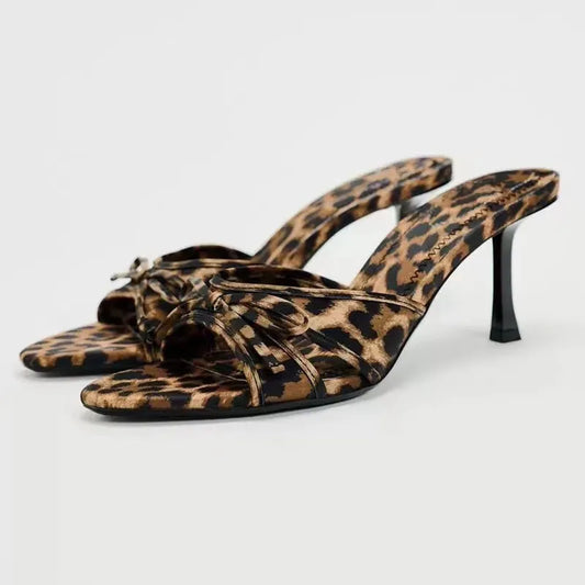 Bow Leopard Kitten Heel Sandals 