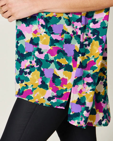 Double Take Full Size Printed V-Neck Short Sleeve Side Slit Top