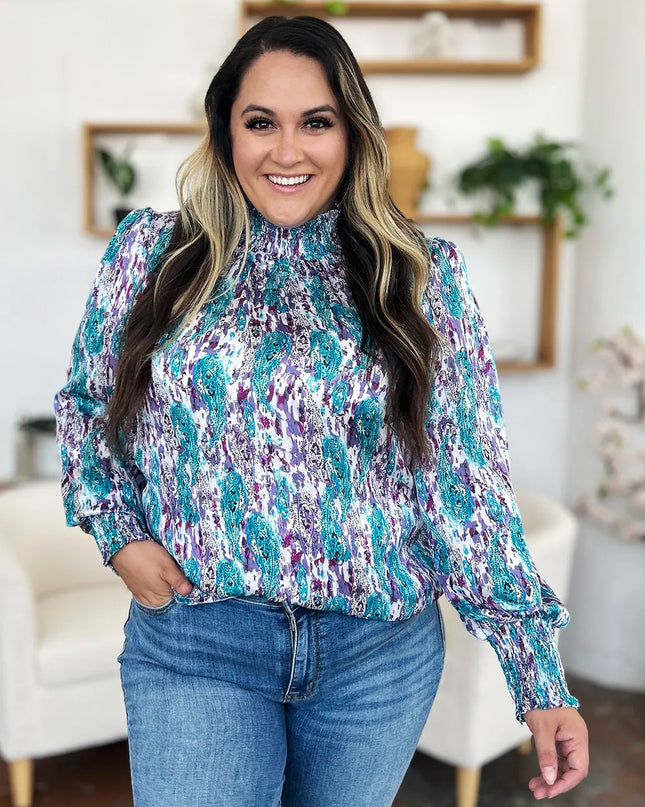 Double Take Full Size Printed Smocked Long Sleeve Blouse