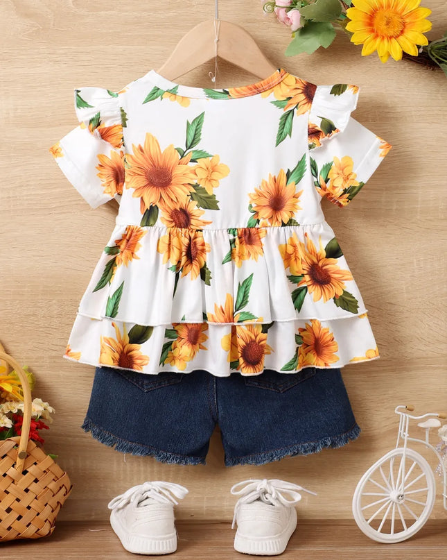 Children's Sunflower Ruffled Short Sleeve Top and Shorts Set