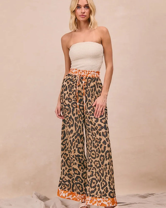 BiBi Leopard Print With Contrast Banded Wide Pants