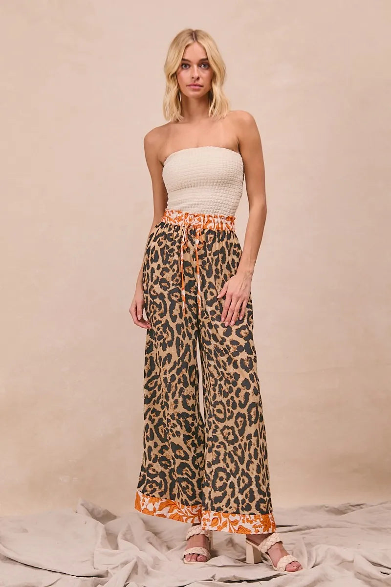 BiBi Leopard Print With Contrast Banded Wide Pants
