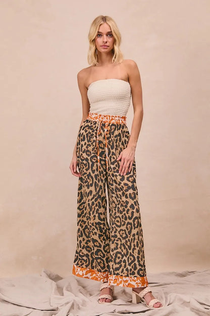 BiBi Leopard Print With Contrast Banded Wide Pants