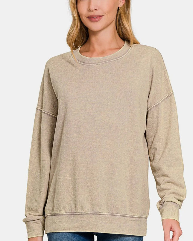 Zenana Washed Round Neck Dropped Shoulder Sweatshirt Khaki