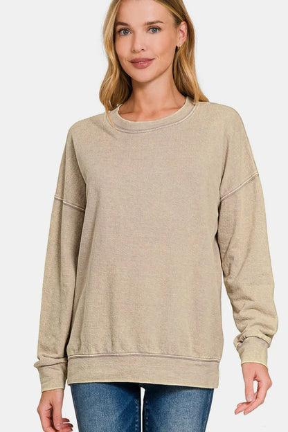 Zenana Washed Round Neck Dropped Shoulder Sweatshirt Khaki
