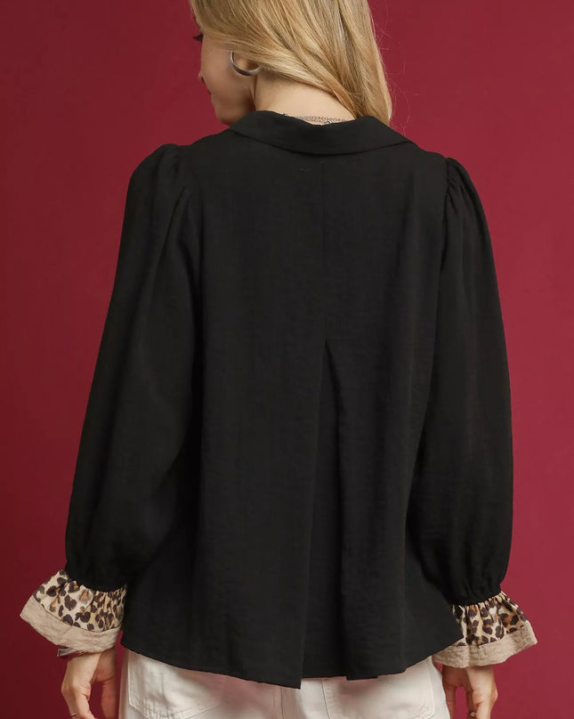 Umgee Half Button Blouse with Leopard Print Trim