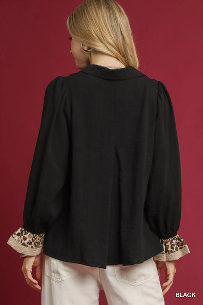 Umgee Half Button Blouse with Leopard Print Trim
