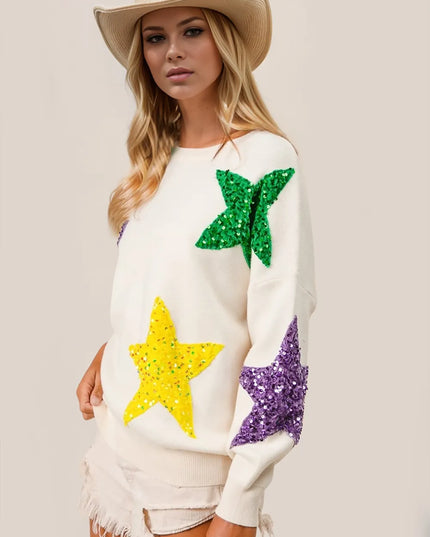 Double Take Sequin Star Round Neck Dropped Shoulder Sweater