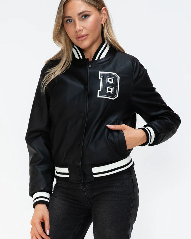 Love Me Now PU Leather Contrast Snap Down Bomber Jacket Midnight Black
