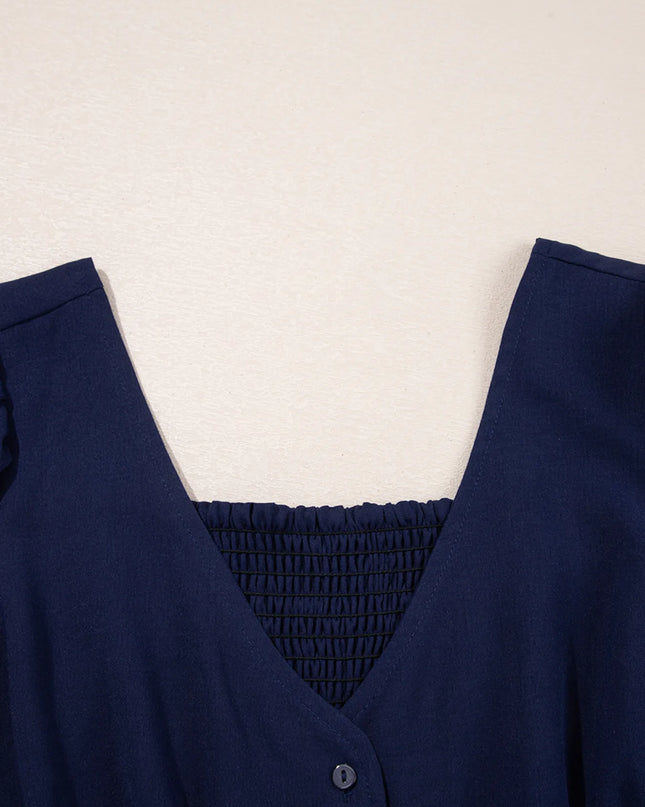 V Neck Buttoned Front Shirred Back Short Sleeve Midi Dress