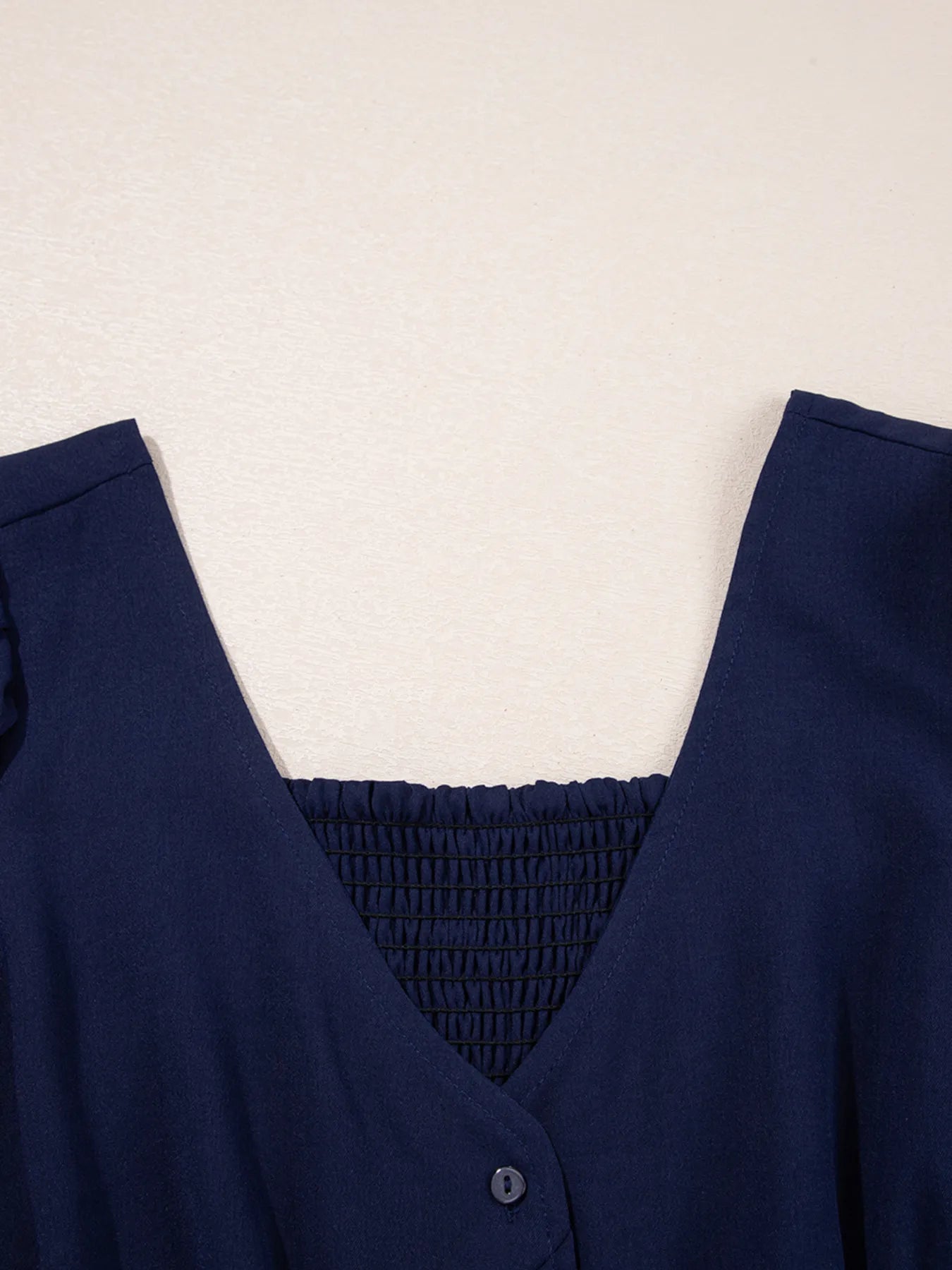 V Neck Buttoned Front Shirred Back Short Sleeve Midi Dress