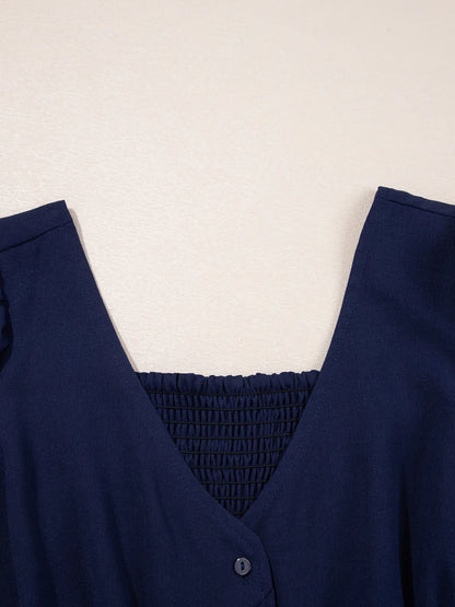 V Neck Buttoned Front Shirred Back Short Sleeve Midi Dress