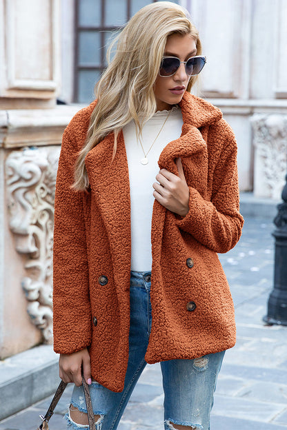 Ivy Lane Full Size Lapel Collar Sherpa Coat Caramel