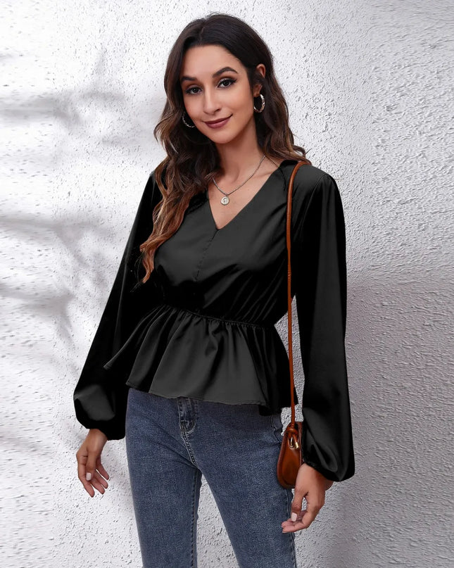 V-Neck Balloon Sleeve Peplum Blouse Black