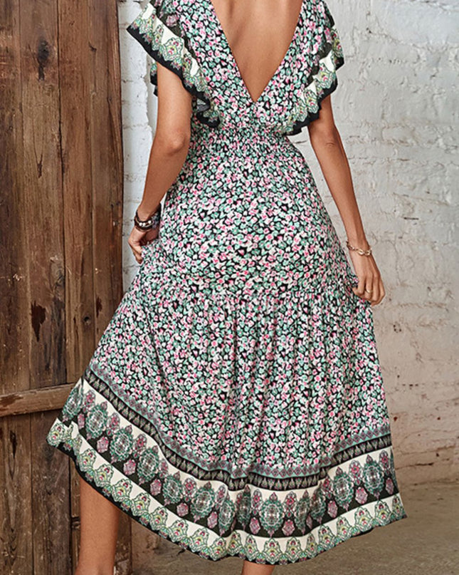 Perfee Ditsy Floral Ruffled Plunge Dress