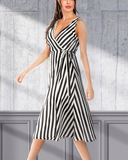 Striped Surplice Tied Sleeveless Dress