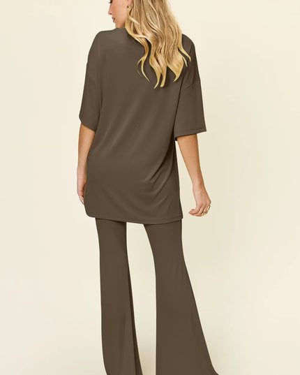 Double Take Full Size Round Neck Drop Shoulder T-Shirt and Flare Pants Set
