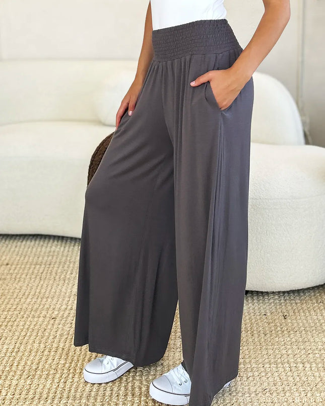 Basic Bae Full Size Smocked Wide Waistband Wide Leg Pants