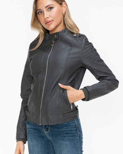 Snobbish PU Leather Biker Jacket with Side Zip Pockets