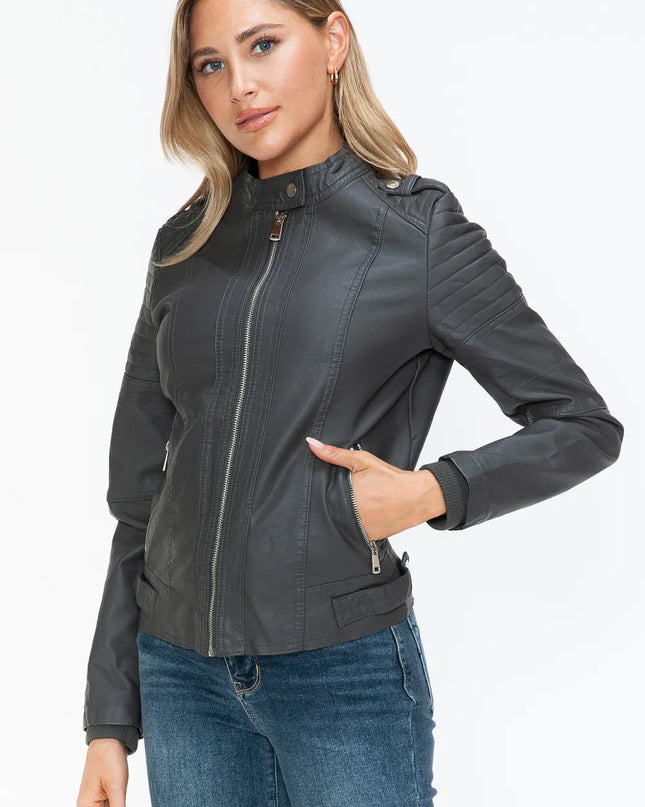 Snobbish PU Leather Biker Jacket with Side Zip Pockets