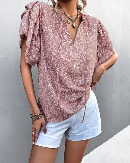 Printed Flutter Sleeve V-Neck Top