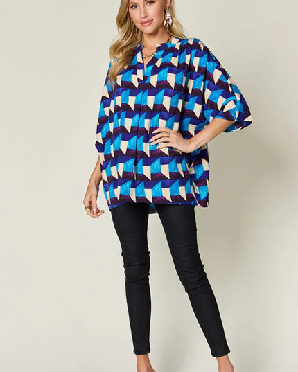 Double Take Full Size Geometric Notched Half Sleeve Blouse