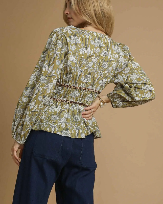 Umgee Floral Smocked Peplum Blouse with Tie Detail