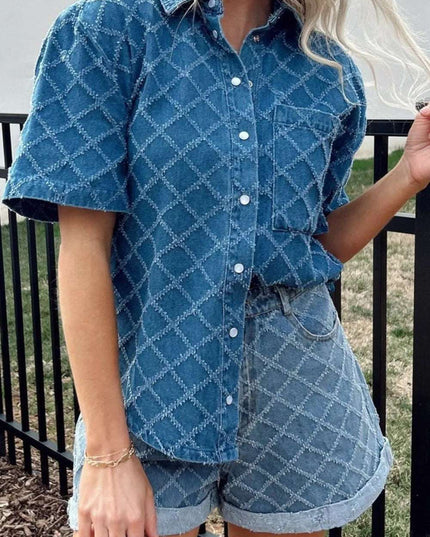 Pocketed Collared Neck Short Sleeve Denim Shirt