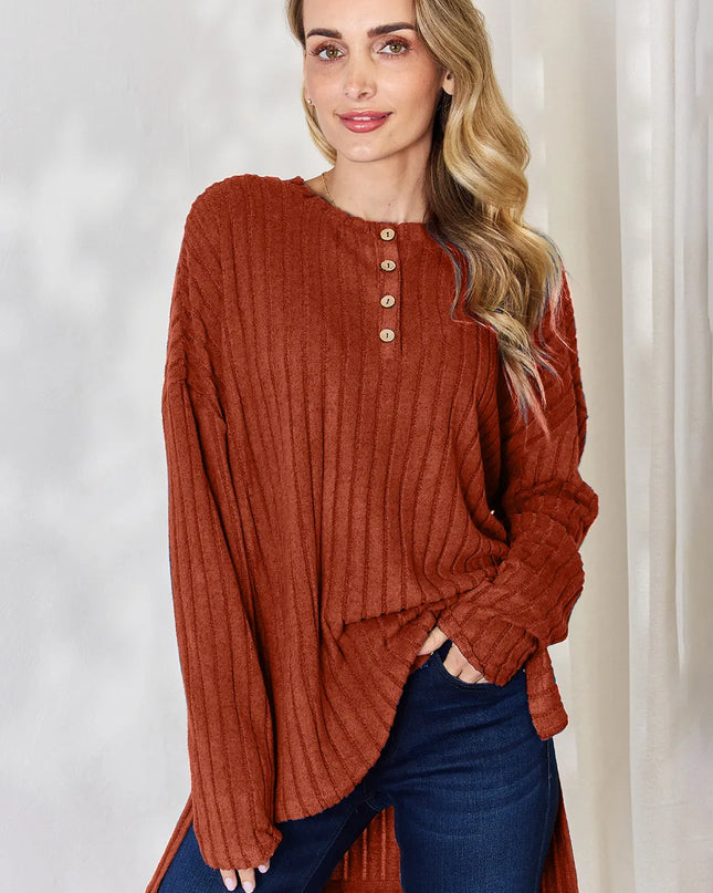 Basic Bae Full Size Ribbed Half Button Long Sleeve High-Low T-Shirt Rust