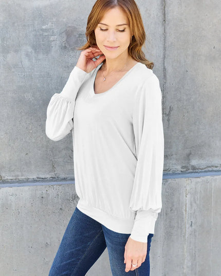 Basic Bae Full Size V-Neck Lantern Sleeve Top