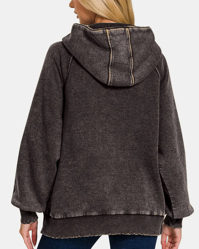 Zenana Acid Wash Fleece Kangaroo Hoodie
