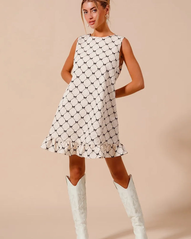 SO ME Texture Bow Printed Mini Ruffle Dress