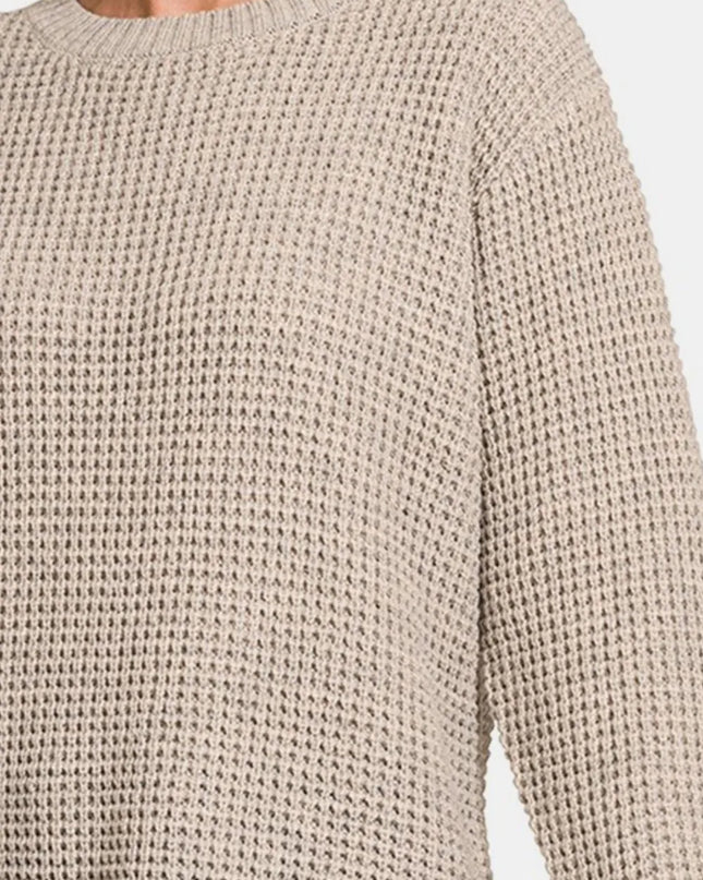 Zenana High Low Long Sleeve Waffle Sweater