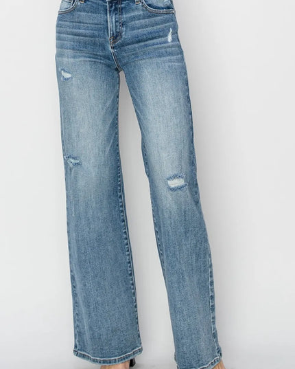 RISEN Full Size High Waist Distressed Wide Leg Jeans Medium