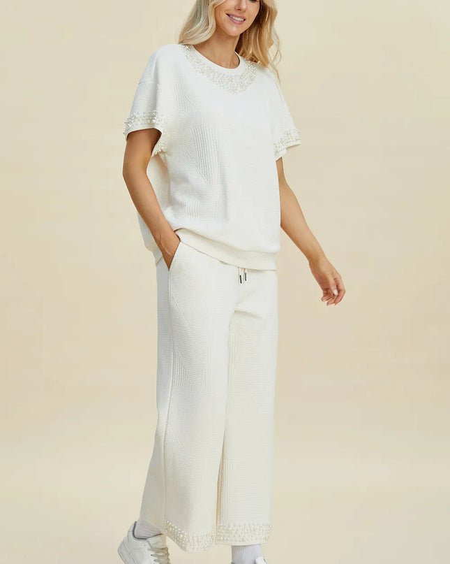 Double Take Full Size Pearl Detail Round Neck Top and Pants Set