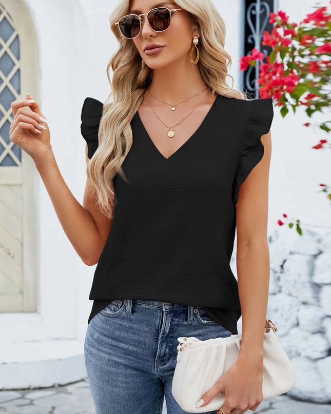 Ruffled V-Neck Cap Sleeve Blouse 