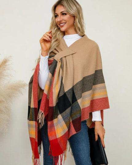 Fringe Contrast Plaid Poncho