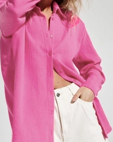 Button Up Long Sleeve Texture Shirt Pink