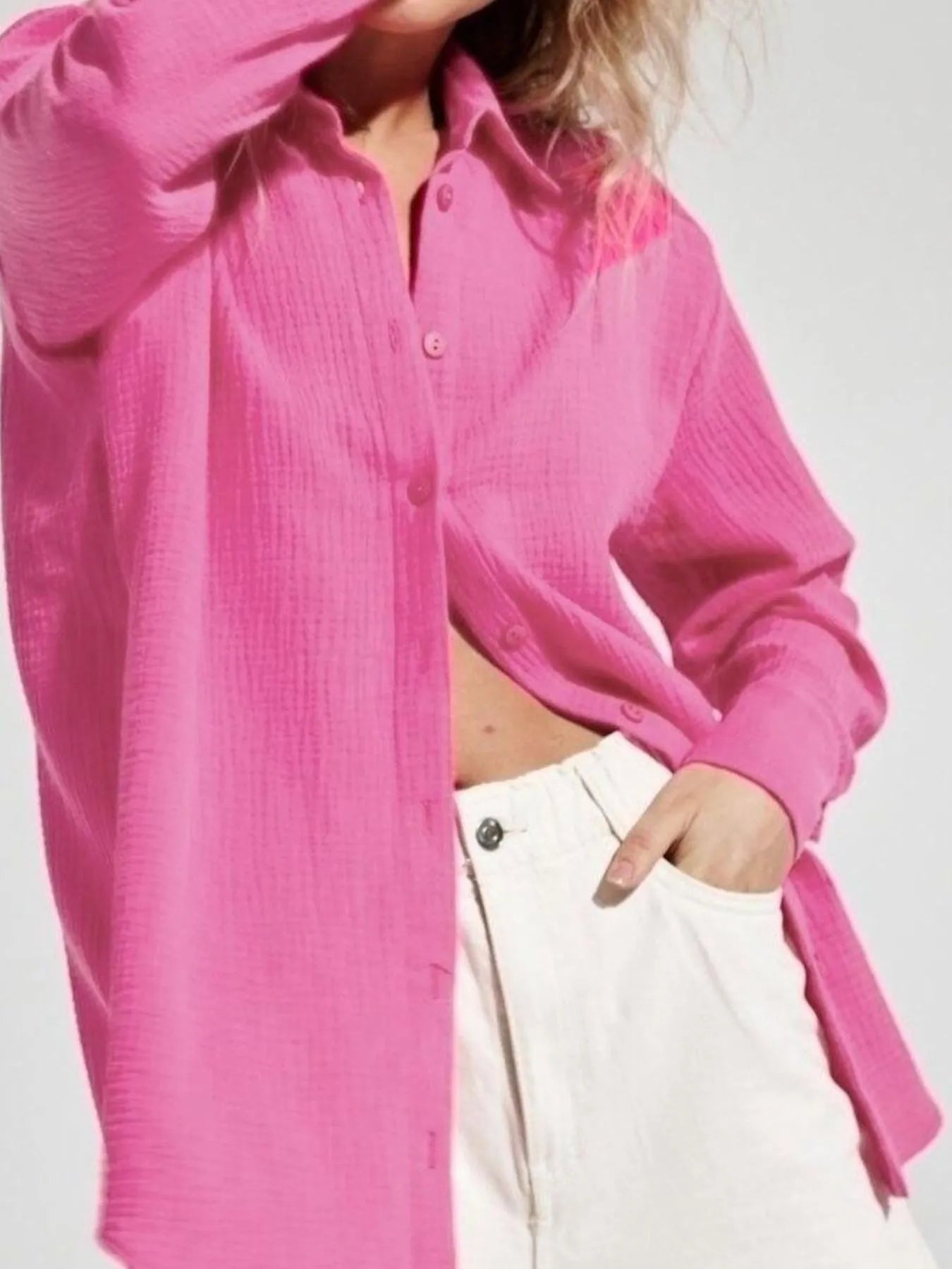 Button Up Long Sleeve Texture Shirt Pink