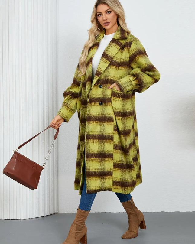 Contrast Double-Breasted Long Sleeve Longline Coat